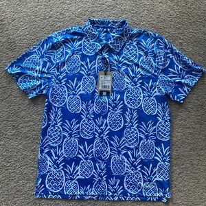 Chubbies Men's The Thigh Napple Performance Polo Shirt-Blue Pineapple-Medium-New